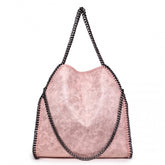 S1760 - Miss Lulu Metallic Effect Chain Tote Bag - Nude