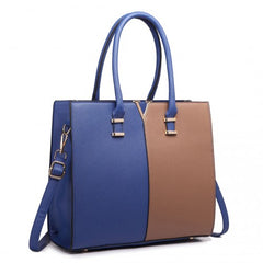 LT1666 - Miss Lulu Split Front Design Medium Tote Handbag Navy and Brown