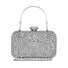 CLS2447 - Elegant Evening Clutch Bag with Rhinestone Embellishments Detachable Handle and Chain Strap - Silver