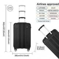 K1777-1L - Kono 19/24/28 Inch 3 Piece Set ABS Lightweight Compact Hard Shell Travel Luggage - Black