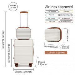 K1871-1L - Kono ABS 4 Wheel Suitcase Set with Vanity Case - Cream