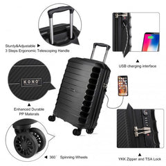 K2093 - Kono Cabin Size Classic Collection Polypropylene Luggage with Charging Interface - Black