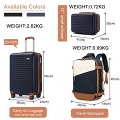 K2394L+S2362 - Kono Hard Shell ABS Carry-Ons Cabin Suitcase Included Vanity Case And Backpack 3 Piece Travel Set - Navy