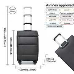 K2397L - British Traveller 20 Inch Lightweight Cabin Carry-On Suitcase with Soft Shell and Laptop Compartment - Black