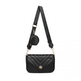 LB2138 - Miss Lulu V-quilted Flap Leather Shoulder Bag - Black