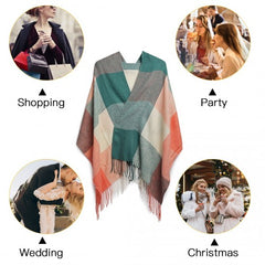 S6430 - Women Fashion Long Shawl Grid Tassel Winter Warm Lattice Large Scarf - Green