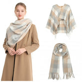 S6433 - Acrylic Fashion Women's Long Shawl Grid Tassel Winter Warm Oversized Scarf - Beige