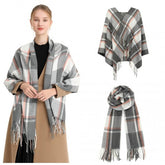 S6433 - Acrylic Fashion Women's Long Shawl Grid Tassel Winter Warm Oversized Scarf - Grey