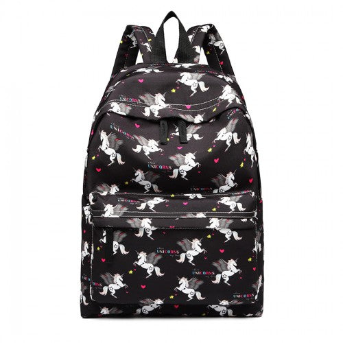 E1401 UN - Miss Lulu Large Backpack Unicorn Print - Black