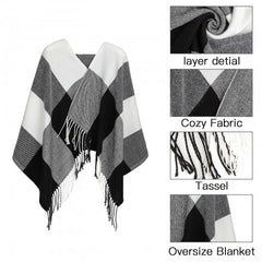 S6430 - Women Fashion Long Shawl Grid Tassel Winter Warm Lattice Large Scarf - Black