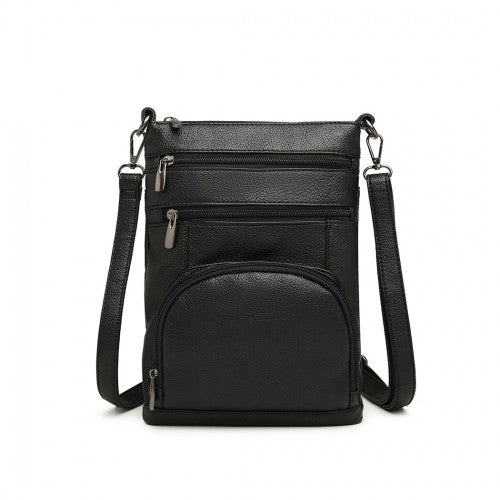 LB6927 - Miss Lulu Multi Pocket Leather Look RFID-Blocking Cross Body Bag - Black