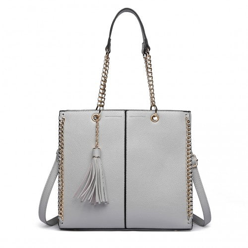 LT1821 GY -Miss Lulu Faux Leather Tassel Chain Tote Handbags Grey