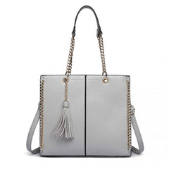 LT1821 GY -Miss Lulu Faux Leather Tassel Chain Tote Handbags Grey