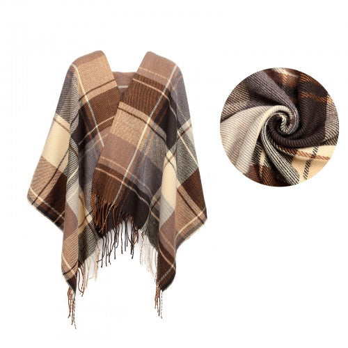 S6430 - Women Fashion Long Shawl Grid Tassel Winter Warm Lattice Large Scarf - Brown