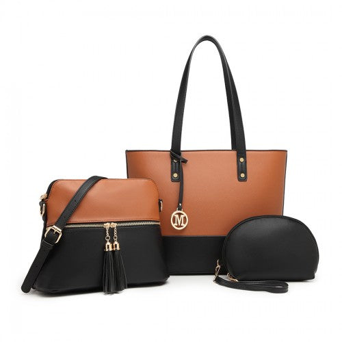 LG2023 - Miss Lulu 3 Piece Leather Look Tote Bag Set - Black And Brown