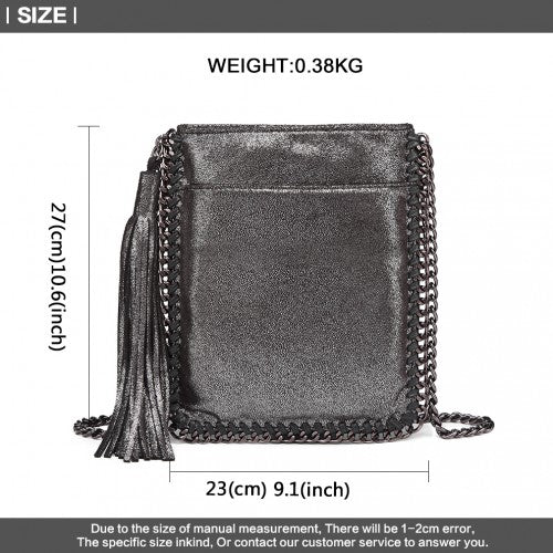 E6845 - Miss Lulu Leather Look Chain Shoulder Bag with Tassel Pendant - Silver