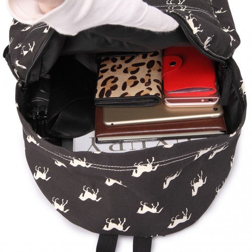 E1401H - Miss Lulu Horse-Print Cotton Canvas School Backpack - Black