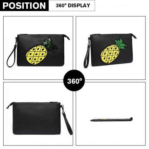 LT6822P-MISS LULU MISS LULU PU LEATHER SEQUIN PINEAPPLE CLUTCH BAG BLACK