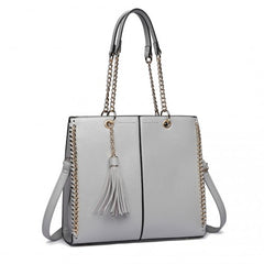 LT1821 GY -Miss Lulu Faux Leather Tassel Chain Tote Handbags Grey