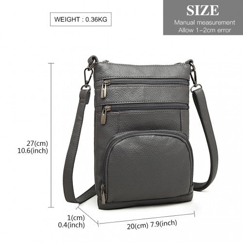 LB6927 - Miss Lulu Multi Pocket Leather Look RFID-Blocking Cross Body Bag - Grey