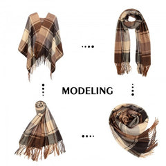 S6430 - Women Fashion Long Shawl Grid Tassel Winter Warm Lattice Large Scarf - Brown