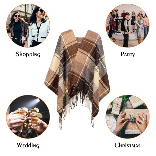 S6430 - Women Fashion Long Shawl Grid Tassel Winter Warm Lattice Large Scarf - Brown