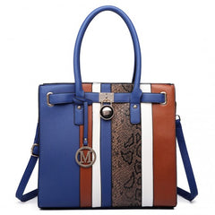 LT6620 - Miss Lulu Multi Panel Leather Look Snake Skin Stripe Handbag Blue