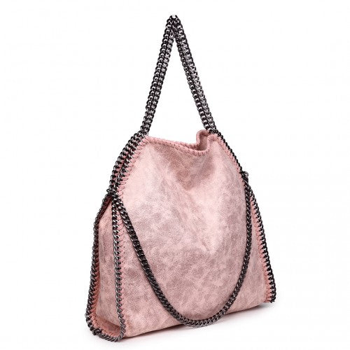 S1760 - Miss Lulu Metallic Effect Chain Tote Bag - Nude