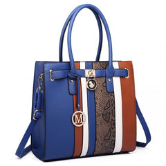 LT6620 - Miss Lulu Multi Panel Leather Look Snake Skin Stripe Handbag Blue