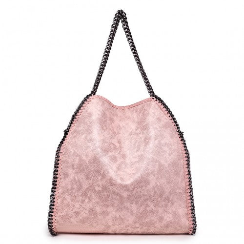 S1760 - Miss Lulu Metallic Effect Chain Tote Bag - Nude