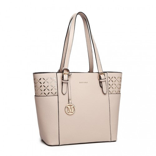 LG1943 - MISS LULU LASER CUT OUT TOTE SHOPPER BAG - BEIGE