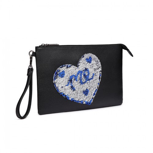 LT6822L-MISS LULU PU LEATHER SEQUIN HEART ME CLUTCH BAG BLACK