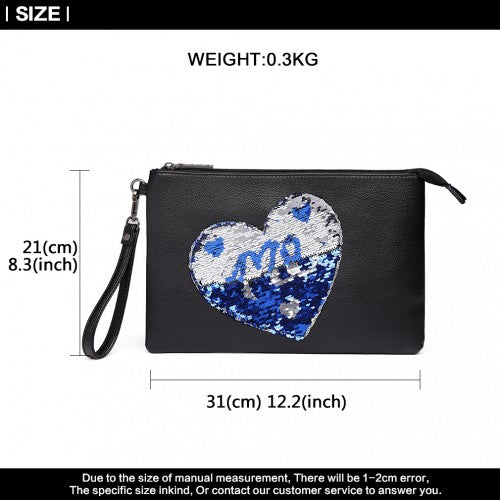 LT6822L-MISS LULU PU LEATHER SEQUIN HEART ME CLUTCH BAG BLACK