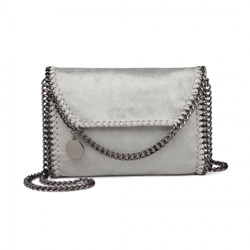 E6844 - Miss Lulu Leather Look Chain Fold-over Shoulder Bag - Grey