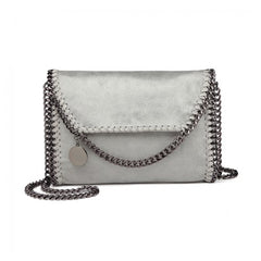 E6844 - Miss Lulu Leather Look Chain Fold-over Shoulder Bag - Grey