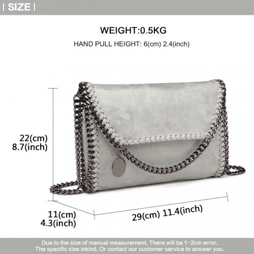 E6844 - Miss Lulu Leather Look Chain Fold-over Shoulder Bag - Grey