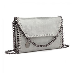 E6844 - Miss Lulu Leather Look Chain Fold-over Shoulder Bag - Grey