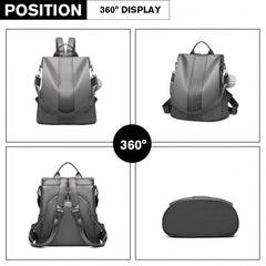 LG1903 - Miss Lulu Two Way Backpack Shoulder Bag with Pom Pom Pendant - Grey