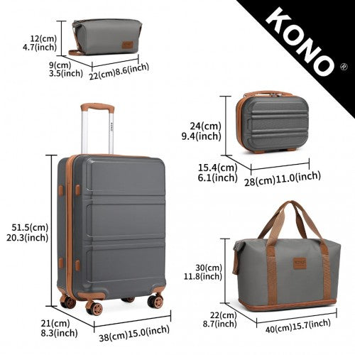 K1871-1L+EA2212 - Kono ABS 4 Wheel Suitcase Set With Vanity Case And Weekend Bag And Toiletry Bag - Grey And Brown