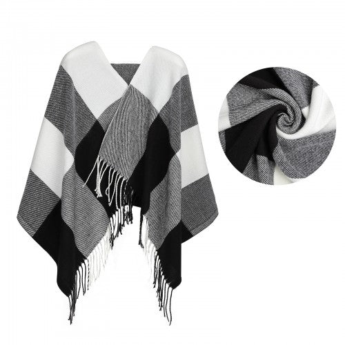 S6430 - Women Fashion Long Shawl Grid Tassel Winter Warm Lattice Large Scarf - Black