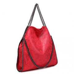 S1760 - Miss Lulu Metallic Effect Chain Tote Bag - Red