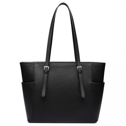 LM1642-1 - Miss Lulu Faux Leather Adjustable Handle Tote Bag - Black