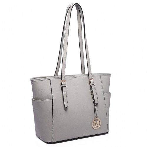 LM1642-1 - Miss Lulu Faux Leather Adjustable Handle Tote Bag - Light Grey