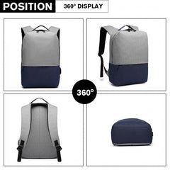 E6891 - Kono Waterproof Basic Backpack with USB Charging Port - Grey/Blue