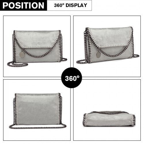 E6844 - Miss Lulu Leather Look Chain Fold-over Shoulder Bag - Grey