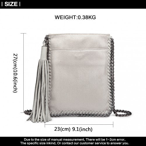 E6845 - Miss Lulu Leather Look Chain Shoulder Bag with Tassel Pendant - Grey