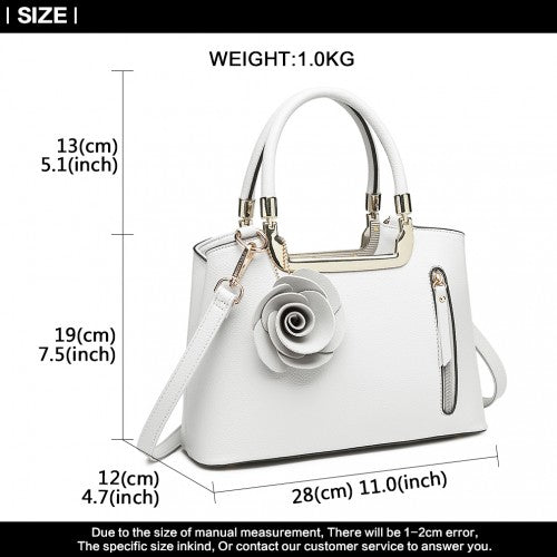 LG1847 - MISS LULU PU LEATHER ROSE HANGING ORNAMENT HANDBAG - WHITE