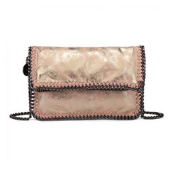 E6843 - Miss Lulu Leather Look Folded Metal Chain Clutch Shoulder Bag - Pink