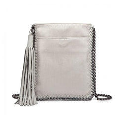 E6845 - Miss Lulu Leather Look Chain Shoulder Bag with Tassel Pendant - Grey