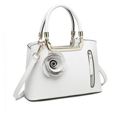 LG1847 - MISS LULU PU LEATHER ROSE HANGING ORNAMENT HANDBAG - WHITE